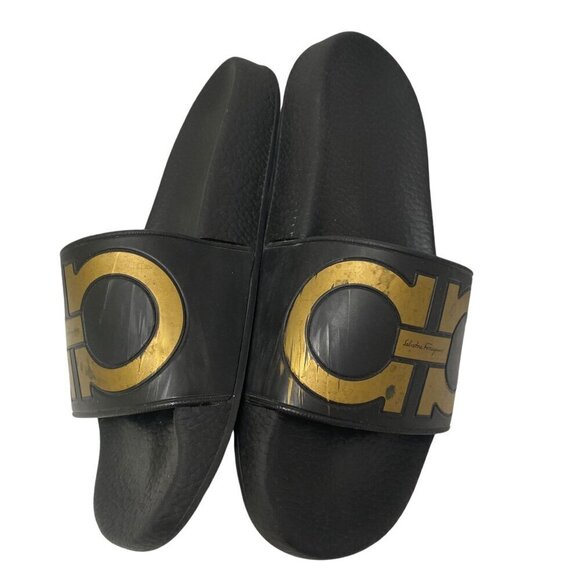 Salvatore Ferragamo Logo Slides Size 6 Designer Sandals Black Gold - Picture 6 of 12